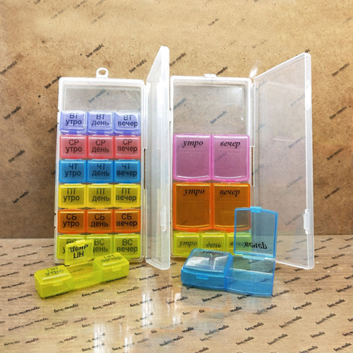 A day pill case made by Faddico is empty.