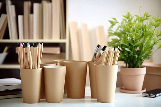 Eco friendly pens, glasses and brush are places very well on a table.