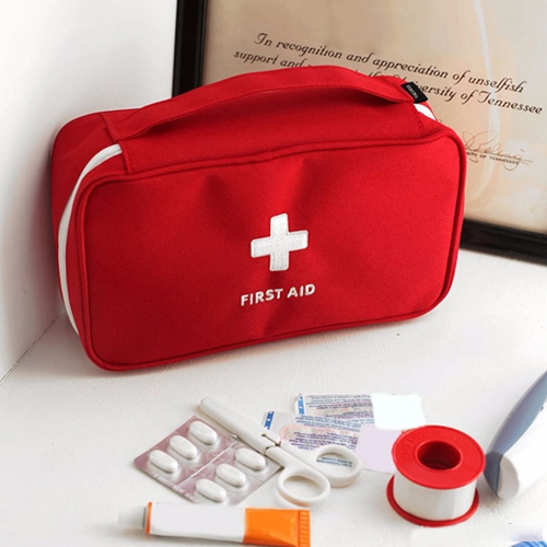 Faddico offers a first aid kit in red color that includes some essential medicines.