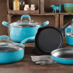 A beautiful non-stick cooking set is placed in the kitchen.