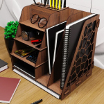A desk organizer containing notebooks, glasses, and various other items.