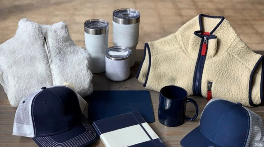 Brand merchandising items are placed together.