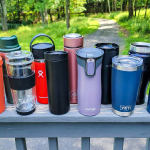 Various colors and types of tumblers are neatly arranged in one place.