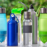 Different types of water bottles are neatly arranged.