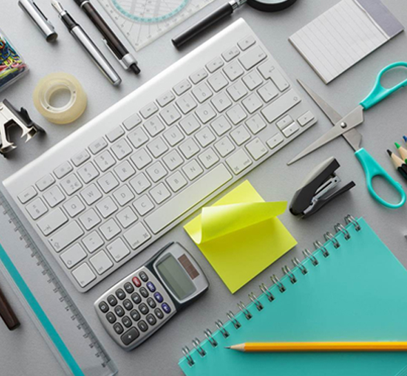 Multiple office promotional products are placed together.