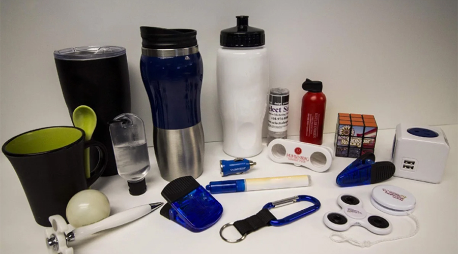 Different promotional products are placed together.