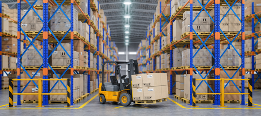 Forklift in a warehouse with stacked cardboard boxes on shelves - Benefits of Warehousing