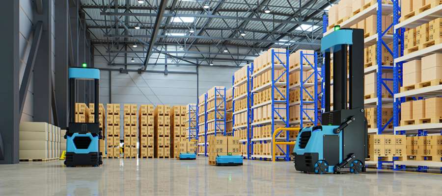 Automated guided vehicles navigating through a modern warehouse with tall shelving units - Benefits of Warehousing