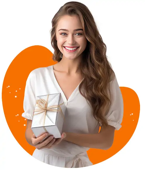 A Faddico girl holding a gift for a client who want promotional product service in USA.
